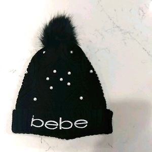 Bebe Faux fur pompom beanie with pearls